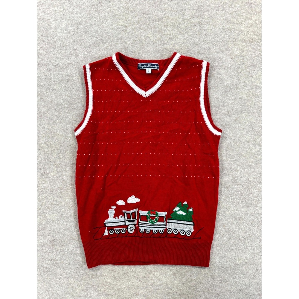 English Laundry Holiday Sweater Vest Boys 7 Red Knit Embroidered Christmas Train